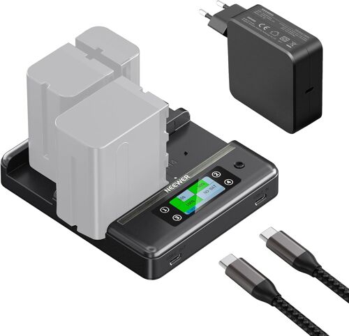 NEEWER NP-F970 Chargeur à 4 Canaux avec Consolidation Intelligente d'Alimentation,Compatible avec Sony NP-F550 750 Batterie NPF des Caméscope,Charge Rapide PD100W,Double Port USB C & écran OLED,NW-F4R