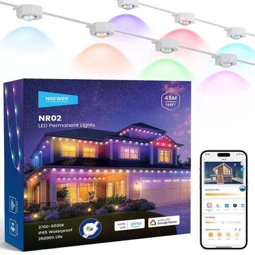 Neewer 144ft Guirlande Lumineuse Extérieure Permanente Pour La Décoration Maison, Guirlande Lumineuse Intelligente Rgbcw Avec Ia, 90 Led, Contrôle Par App, Compatible Avec Alexa, Nr02