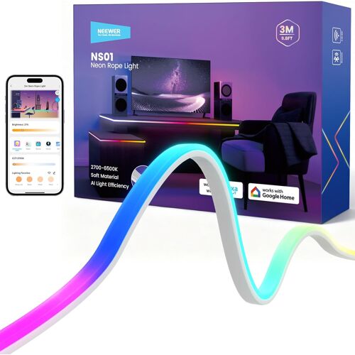 NEEWER Bande LED 3m, éclairage Frontal, Ruban Néon RGB Intelligent Sécable avec AI, Contrôle par App, Changement de Couleur, pour Chambre, Studio, Maison, Mur Extérieur, Décoration étanche, NS01