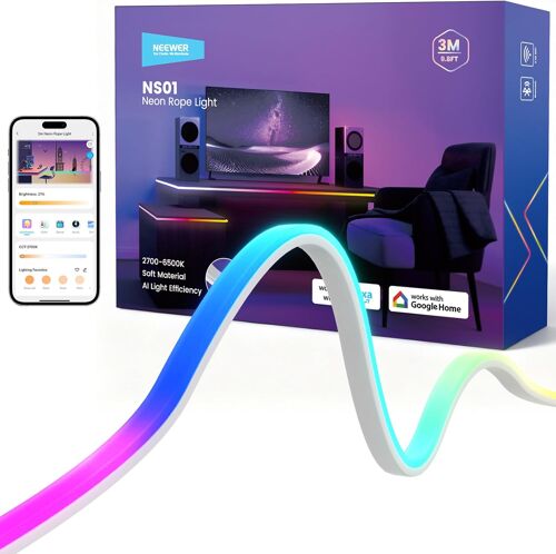 NEEWER Bande LED 3m, éclairage Frontal, Ruban Néon RGB Intelligent Sécable avec AI, Contrôle par App, Changement de Couleur, pour Chambre, Studio, Maison, Mur Extérieur, Décoration étanche, NS01