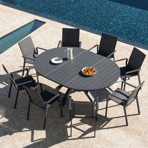 Set De Table Extensible 145-200x145 Cm Barces Et 8 Chaises De Jardin Empilables Avec Accoudoirs En Aluminium Karena Gris Graphite