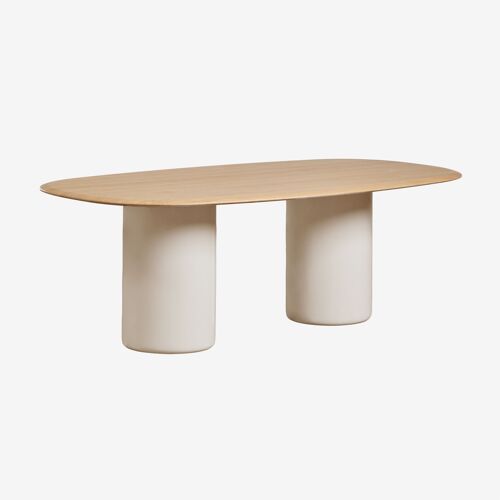 Table à manger ovale en MDF et ciment Lysander Marron Chêne Beige Tapioca 220 x 110 cm