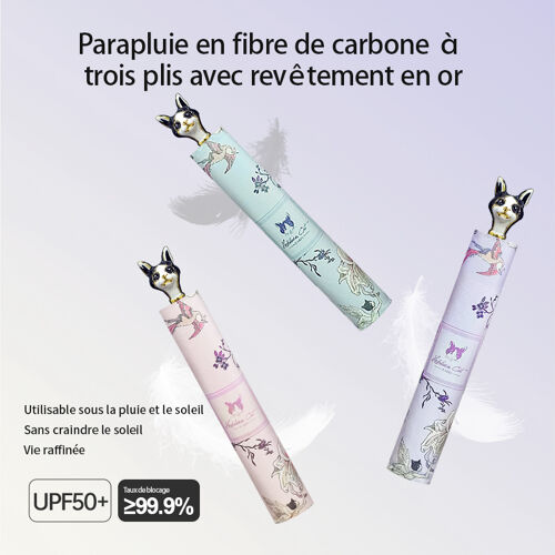Hepburnncat-Parapluie Hepburn Cat Ultra-Fin Et Léger, Motif Oiseaux Et Fleurs, Poignée Tête De Chat, Upf50+, 3 Segments, Tout Temps