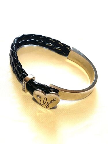 Bracelet Double Lanières Cuir Noir Petit Coeur Guess Petites Pierres Blanches Strass Amour Bijou Argenté Fantaisie Femmes