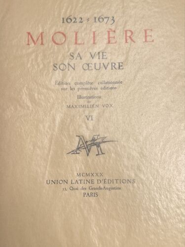 Molière Sa Vie Son Oeuvre - 6 Volumes - Union Latine D'Éditions - 1930