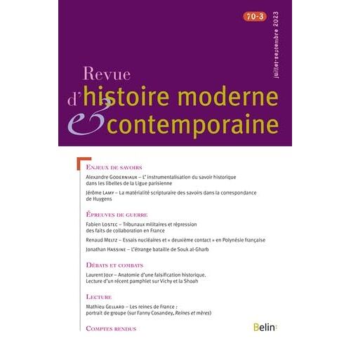 Revue D'Histoire Moderne Et Contemporaine, N° 70-3 (Juillet-Septembre 2023)