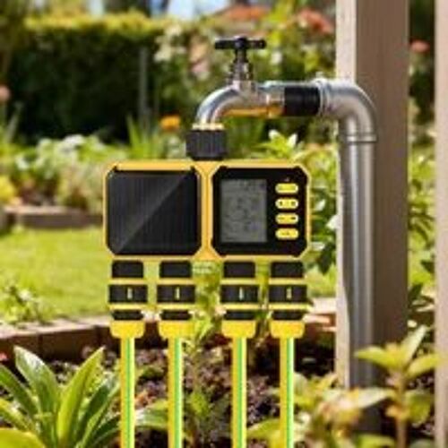 Système d’Irrigation Solaire Intelligent WiFi 4 Sorties avec Écran LCD – Programmateur d’Arrosage Automatique Jardin Extérieur