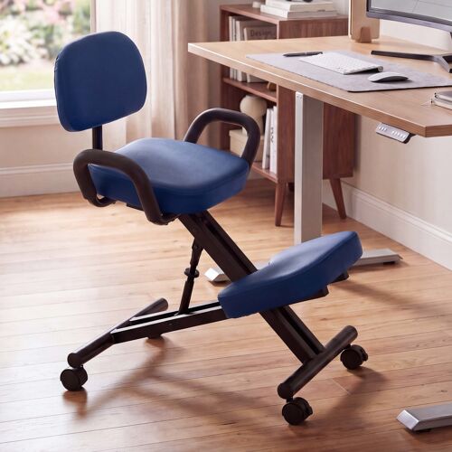 Tabouret à genoux avec dossier HWC-Q22, tabouret d'assise/à genoux, accoudoirs réglables en hauteur, roulettes, similicuir, métal   bleu