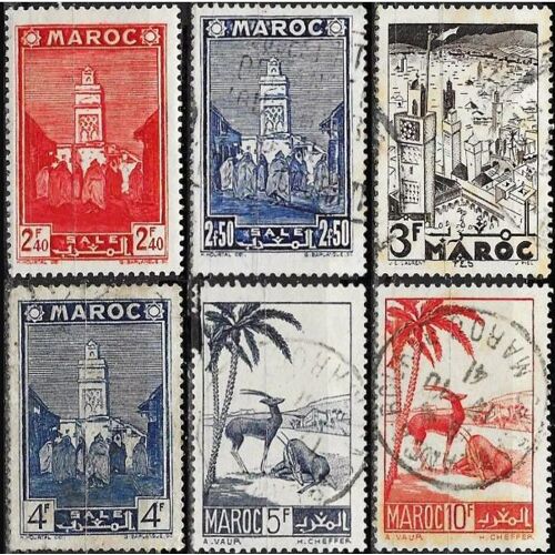 Maroc, Protectorat Français 1939 / 42, Beaux Timbres Yvert 190 192 193 194 196 Et 197, Mosquée De Salé, Vue De Fès Et Gazelles, Neuf*/ Oblitérés.