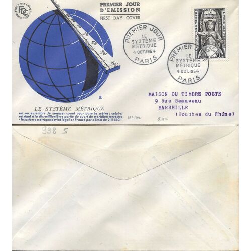 France 1954, Belle Enveloppe 1er Jour, Timbre Yvert 998, Le Système Métrique, Cachet 1er Jour De Paris, Cote 16 Euros.