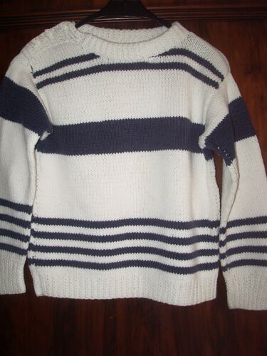 Pull Fait Main Blanc Rayé Bleu Taille 10 Ans