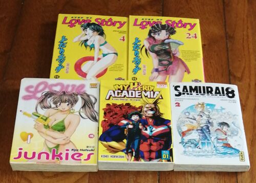 Lot 5 Livres Mangas : Love Story 4 Et 24 Katsu Aki Senpai + Love Junkies 1 Kyo Atsuki+My Hero Academia 1 Hohei Horikoshi + Samurai 8 Le Légende De Hachimaru Masashi Kishimoto