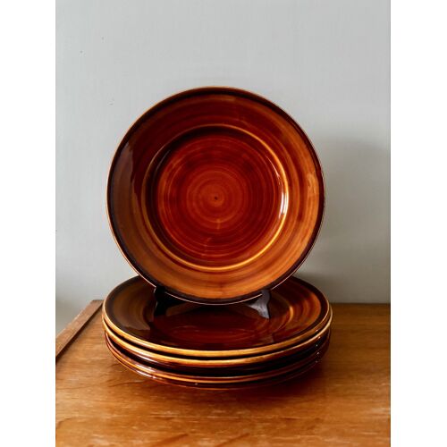Vintage Lot De 6 Assiettes Plates Marron Miel Luneville