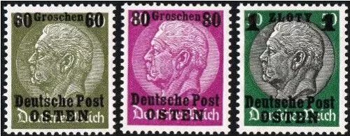 Pologne, Occupation Allemande, Gouvernement General 1939, Beaux Timbres Neufs* Yvert 26 27 28, Maréchal Hindenburg Surchargés "Deutsche Post Osten" Et Nouvelle Valeur En Monnaie Polonaise.