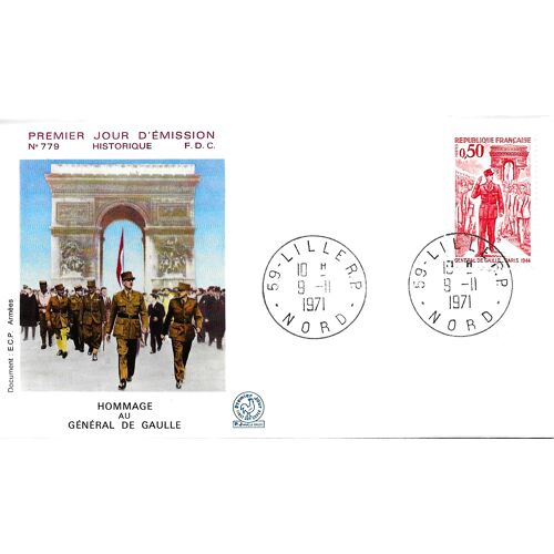 France 1971, Très Belle Enveloppe 1er Jour Fdc 779, Timbre Yvert 1697, Le Général De Gaulle Descend Les Champs Elysées À Paris En 1944, Tbe.