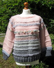 Pull Tricoté Main Tons De Rose Et Gris Laine + Acrylique Taille 38/40