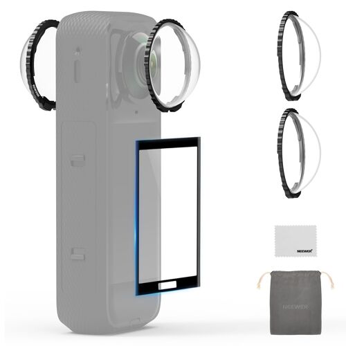 NEEWER Protection d'Objectif Compatible avec Insta360 X5 Caméra d'Action Accessoires: Verre Trempé HD, Transmission Lumineuse de 99,99%,Dureté 9H,avec Protection d'écran,Pochette et Chiffon Nettoyage.