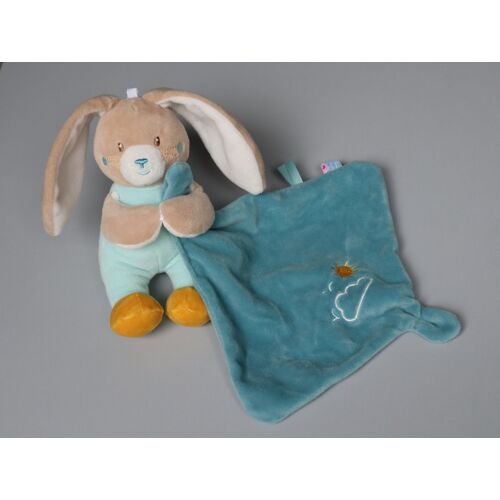 Doudou lapin Sucre d'Orge mouchoir bleu soleil jaune