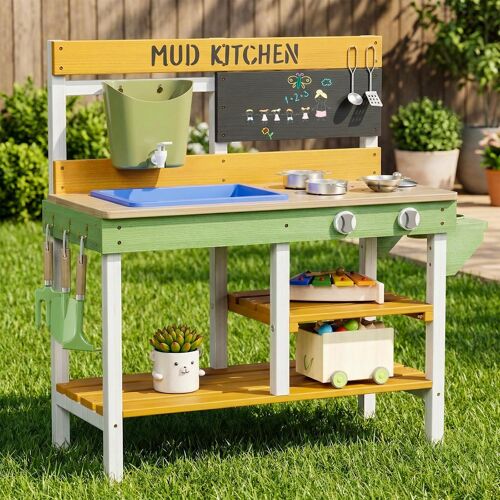 Cuisine Enfant Extérieure en Bois,Jardin Cuisine Jouet avec Robinet,Jardinières,Outils de Jardinage,Tableau,Étagères et évier
