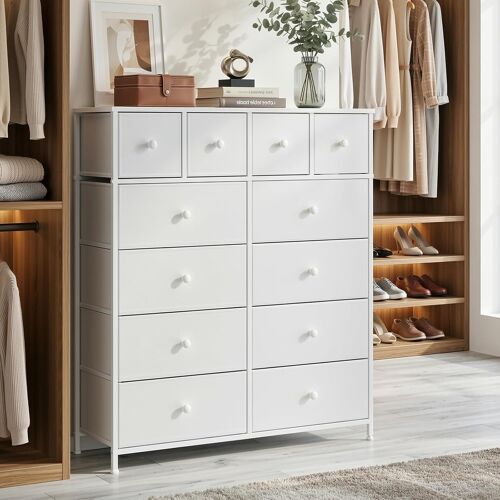 Commode avec 12 Tiroirs en Tissu,Meuble de Rangement avec Dessus en Bois pour Chambre à Coucher,Salon,Entrée- Blanc