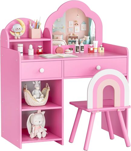 Coiffeuse Enfant avec Miroir et Tabouret,Bureau pour Enfants,avec Tiroirs et Armoires de Rangement-Rose