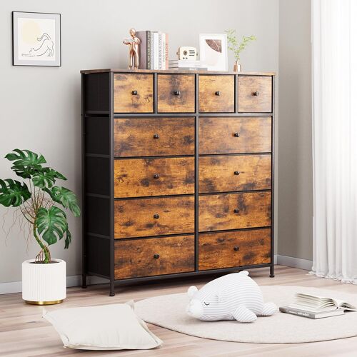 Commode avec 12 Tiroirs en Tissu,Meuble de Rangement avec Dessus en Bois pour Chambre à Coucher,Salon,Entrée- Brun