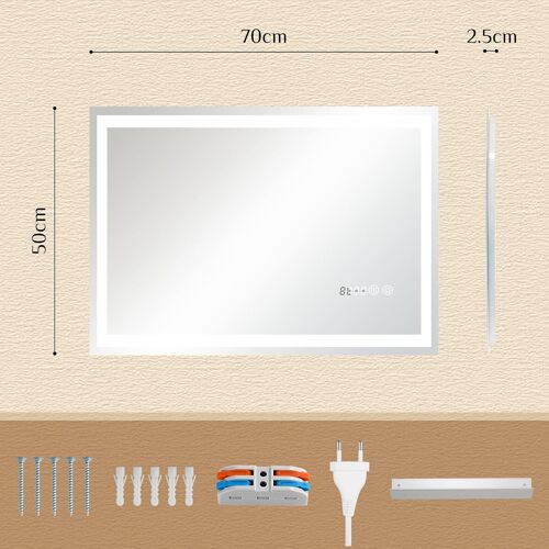 Miroir de Salle de Bain LED Rectangle avec éclairage et Horloge,Verre trempé,Interrupteur Tactile,3 Couleurs de lumière- (70x50cm)