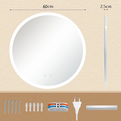 Miroir de Salle de Bain Rond LED,3 Couleurs de lumière, Verre trempé,Interrupteur Tactile,Fonction mémoire,Anti-bué-(60x60cm)