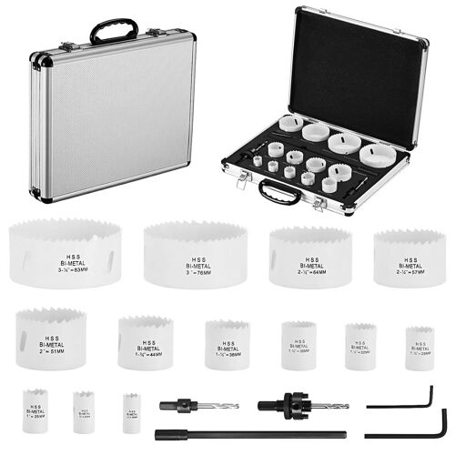 M42 Scie Cloche Bi-métal 18PCS, Coffret de Scie Trépan Lames de Scie 19-83 mm, avec Adaptateur de Tige Triangulaire et Foret de Centrage, pour Percer Plastique, PVC, Bois, Panneaux Fibres