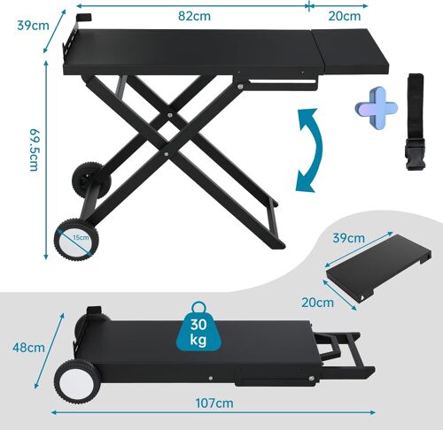 Chariot de Barbecue Pliable avec 2 Roues,Table Pliante Portable avec Tablette Latérale Amovible,Support Stable de Cuisson d'Extérieur pour Plancha,pour Camping,Jardin,Terrasse,102x39cm,Noir