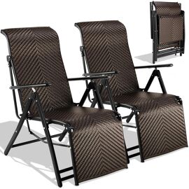 Chaise Longue Pliante En Rotin Avec Repose-Pieds,Avec Dossier Réglable En 7 Positions,Pour Balcon,Jardin Et Terrasse- (2xchaises)