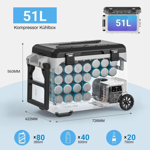 Réfrigérateur Portable À Compression,Glacière À Compresseur 51 L, Congélateur Électrique Jusqu'à -20 °C, Avec Roulettes, Balance Et Décapsuleur, Modes Max/Eco, Affichage Led, Compatible Voiture (12/24 V Cc) Et Maison (100-240 V Ca)