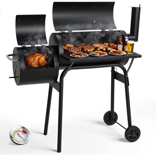 Barbecue Charbon de Bois,Barbecue Fumoir,Chariot Grill,BBQ Smoker avec Cheminée,Thermomètre,Roues,pour Jardin,Terrasse,Camping