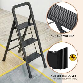 Escabeau pliable en aluminium avec main courante,Charge maximale : 150 kgRésistant à la rouille-Antidérapant-Multifonction-(3 marches,Noir)