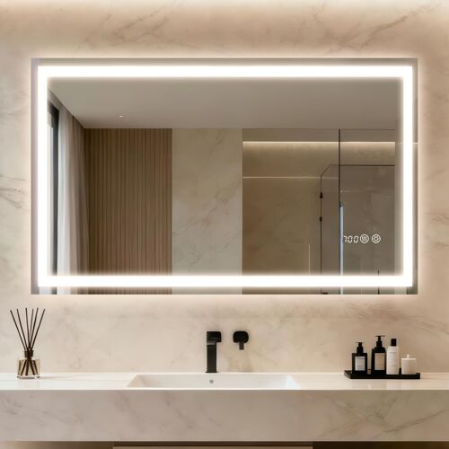 Miroir de Salle de Bain LED Rectangle avec éclairage et Horloge,Verre trempé,Interrupteur Tactile,3 Couleurs de lumière- (100x60cm)