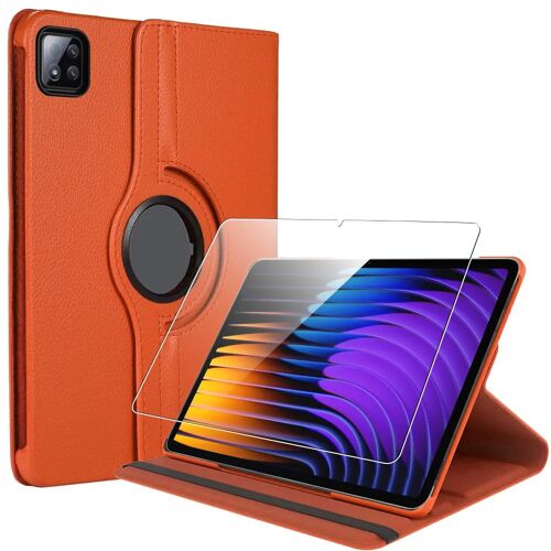 Coque + Verre Trempé pour Xiaomi Pad 7 / 7 Pro, Rotation 360° Antichoc Cuir Synthétique Orange - E.F.Connection