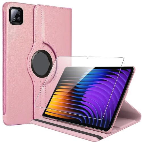 Coque + Verre Trempé pour Xiaomi Pad 7 / 7 Pro, Rotatif 360° Multi-Angle Antichoc Effet Cuir Rose - E.F.Connection