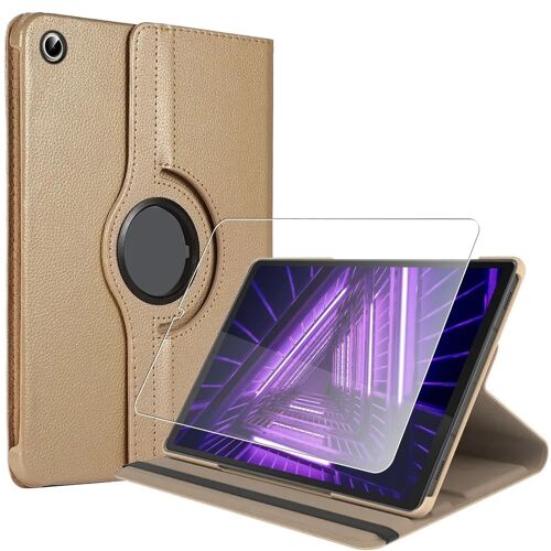Coque + Verre Trempé pour Lenovo Tab M10 FHD Plus 10,3 Pouces, Rotation Cuir Synthétique Doré - E.F.Connection