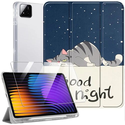Coque + Verre Trempé pour Xiaomi Pad 7 / Xiaomi Pad 7 Pro, Protection avec Porte-Stylet -Motif Chat - E.F.Connection