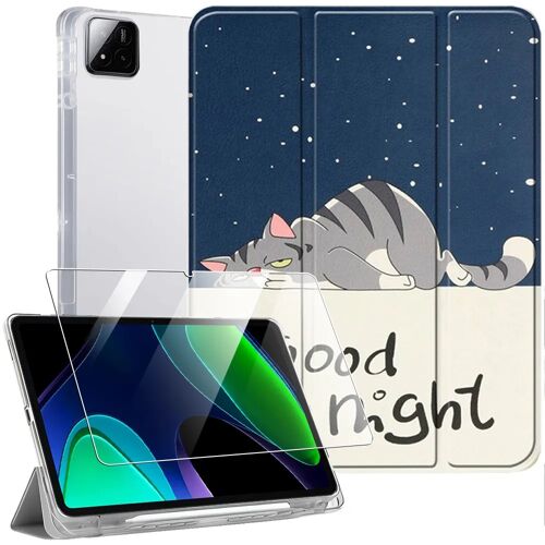Coque + Verre Trempé pour Xiaomi Pad 6 /6 Pro, Protection Antichoc avec Porte-Stylet - Motif Chat - E.F.Connection