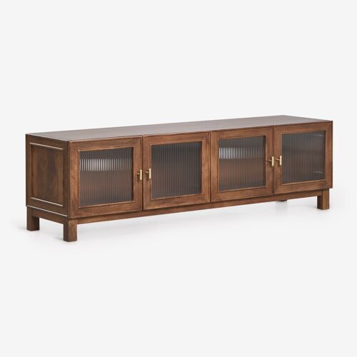 Meuble TV 170x45 cm en bois de manguier et verre Ildara Doré - Bois de Manguier Foncé