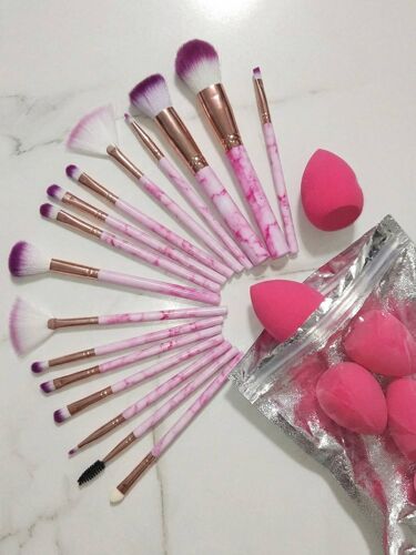 Kit De Maquillage - 15 Pinceaux Marbre Rose + 6 Éponges Rose