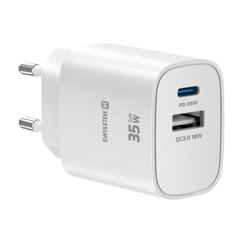 Chargeur GaN 35W USB-C Power Delivery + USB Quick Charge - Swissten Edge Blanc Swissten