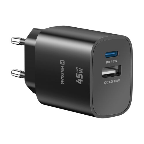 Chargeur PC Portable GaN 45W USB-C + USB - Swissten Edge Noir Swissten