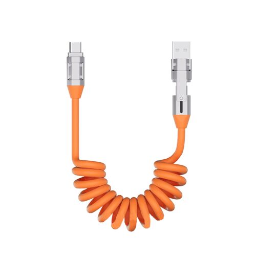 Câble de charge rapide 240W USB-A + USB-C vers USB-C ¿ Bobine rétractable à ressort, Connecteurs en alliage de zinc, Cordon anti-enchevêtrement 120cm