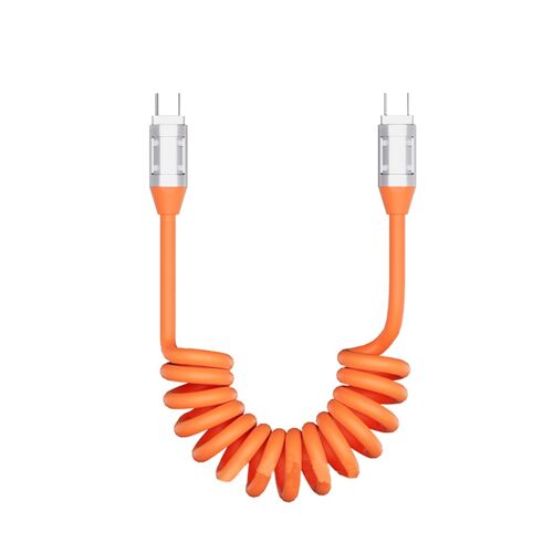 Câble rétractable Type-C vers Type-C 240W ¿ Câble ressort PU extensible 100cm avec connecteurs USB-C en alliage de zinc, orange