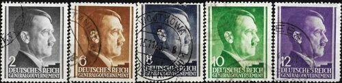 Pologne 1941 / 1943, Occupation Allemande, General Gouvernement, Beaux Timbres Yvert 82 À 86, Portrait Chancelier Hitler, Oblitérés, Tbe.