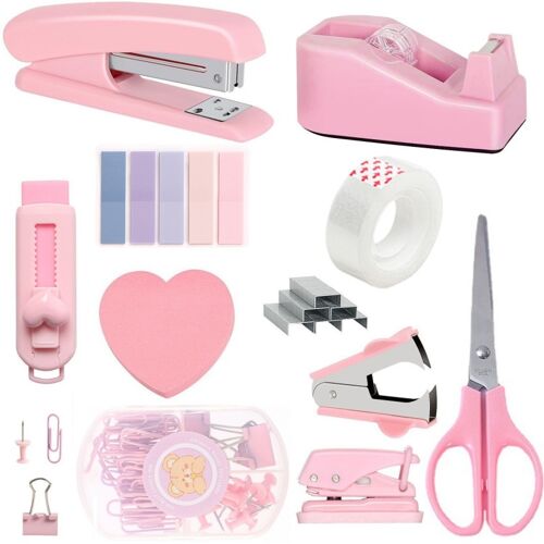 Ensemble D'agrafeuse Rose - Kit De Papeterie De Bureau Avec Agrafeuse, Dévidoir De Ruban Adhésif Et Accessoires