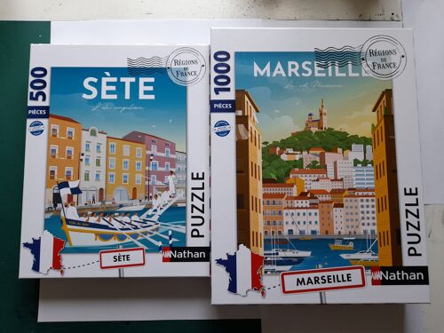 Lot de 2 puzzles Nathan - Marseille : 1000 pièces/70cms * 50cms et Sète : 500 pièces/49cms * 36cms - Non ouverts ni manipulés, neufs et boîtes encore scellées