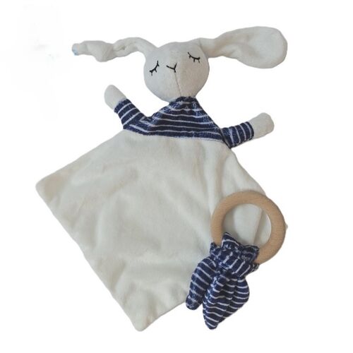Peluche doudou lapin blanc et bleu envie de fraise avec hochet